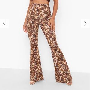 70s floral flare brown pants